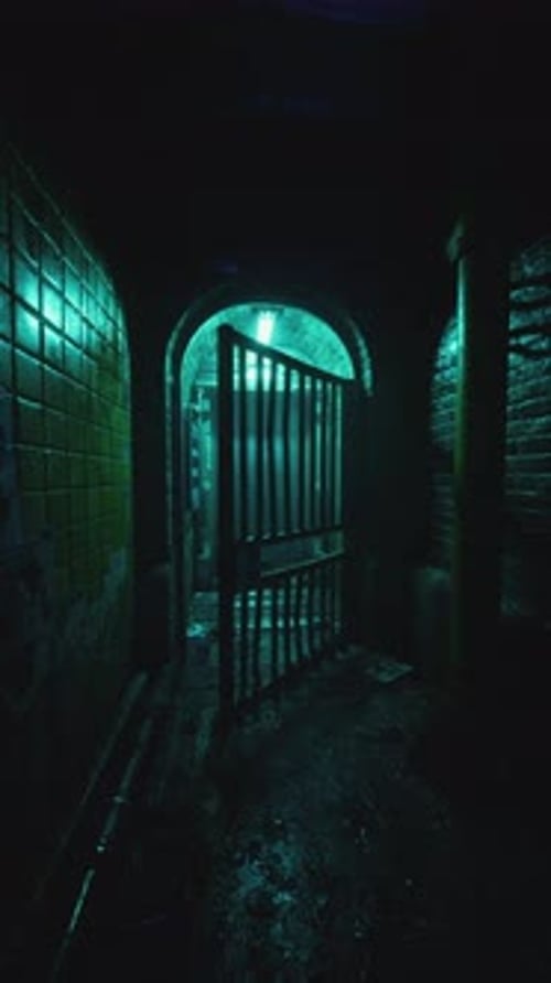 Dark Tunnel With Barred Iron Gate
