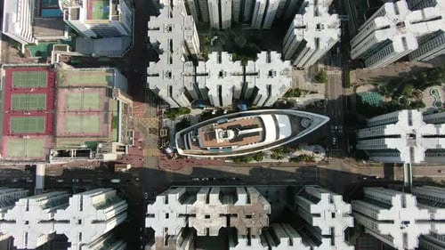 Aerial view of Hong Kong Whampoa buildings and unique Cruise Ship shaped shopping mall.