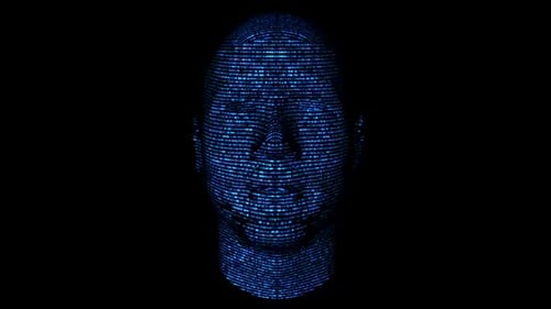 Futuristic AI Human Head Made of Digital Code Animation