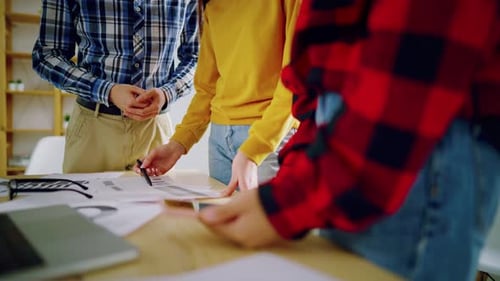 Business People Office Workers Working Together Stand Near Desk Hands Closeup