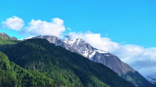 Hyperlapse panning footage, fluffy clouds in motion above green valley