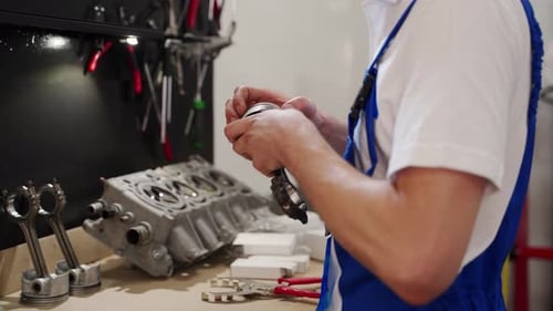 Professional Mechanic Assembles Engine Kit Installs Piston Rings on Cylinder Liner with Focus and