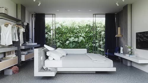 Modern Bedroom Interior in Fivestar Hotel Room with Large Bed Near Glass Wall