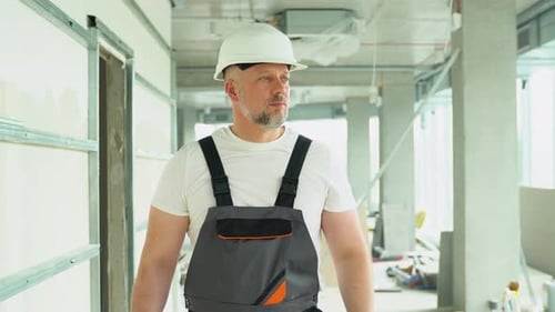 Confident 40s Builder Engineer Architect Walk on a Construction Site Construction Worker at Modern