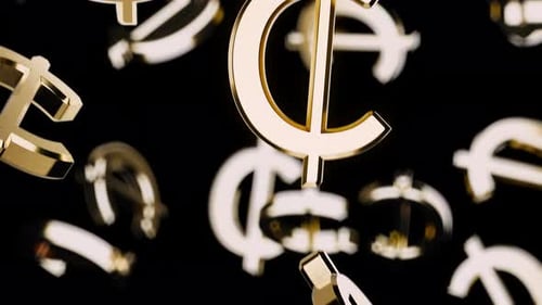 Endlessly Falling Gold Cedi Symbol on a Black Background