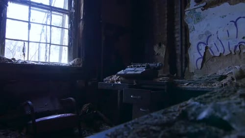 Interior Creepy Hospital Asylum Featuring Old Typewriter And Urban Decay