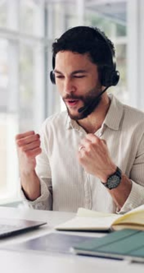 Call center, laptop and man in office, celebration and customer agent with success