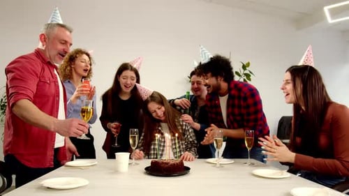 Young Brunette Celebrating a Birthday in the Office with Colleagues Office Workers Congratulate