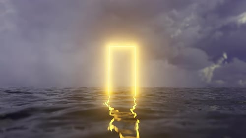 Glowing rectangular portal emerging from dark ocean under cloudy sky