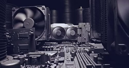 Nahaufnahme von funktionierenden Motherboards und Grafikkarte an Bord.