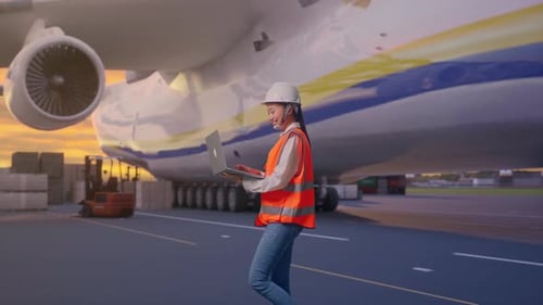 Asian Female Use Computer While Walking with Cargo Aircraft