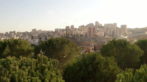 Israel and Palestine divided by concrete wall- aerial view