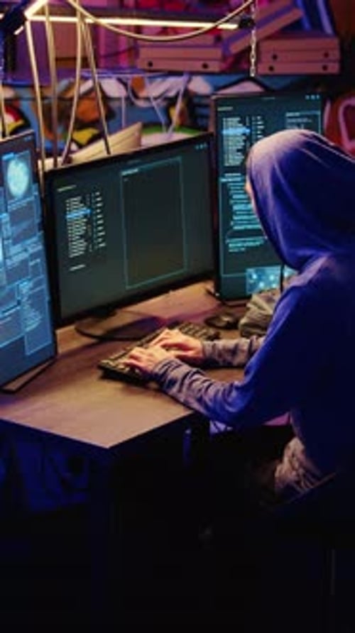 Hooded Coder Types on Keyboard at Night