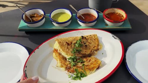Set of Mexican Sauces are Displayed on a Table in a Restaurant Pico De Gallo Valentina Salsa Verde