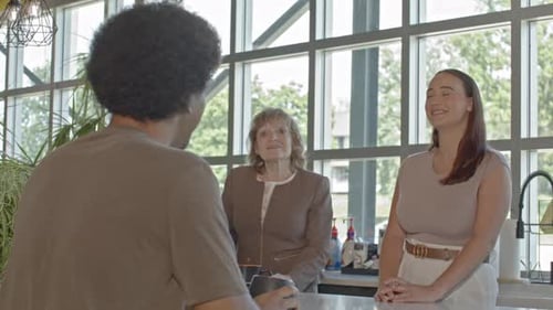 Office setting with one senior citizen woman and two younger workers talking with stable video.
