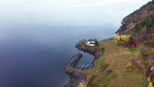 Aerial View Of The Chalets And The Small Dockyard In Norway.