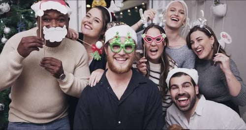 Friends Celebrating Christmas Together with Festive Accessories