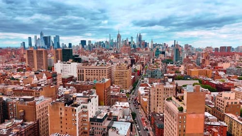City life of modern New York, USA. Drone footage over the lively street leading to the downtown.