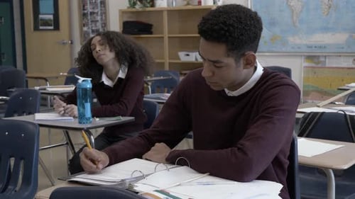 High School Boy Student Doing Homework at Desk in Classroom Adult
