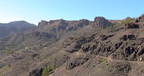 Landscape view of mountainous landscape, leading through the winding road between mountain peaks and