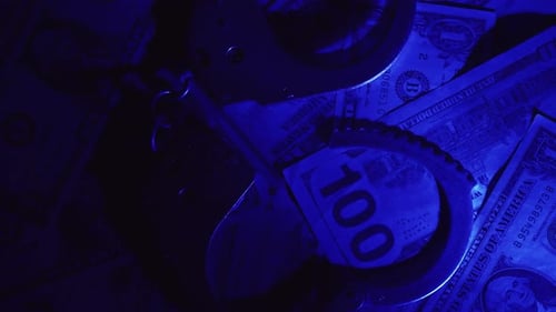 Close Up of Rotation Metal Handcuffs Over Stack of Dollar Banknotes Concept of Financial Crimes or