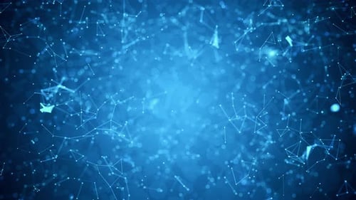 Fond de géométrie futuriste en plexus bleu avec réseau polygonal animé, blockchain et flux de données AI