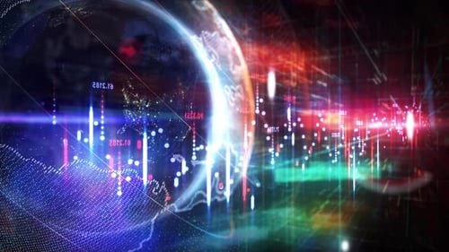 Data Connecting on Earth Globe Rotating with Digital Charts and Graphs