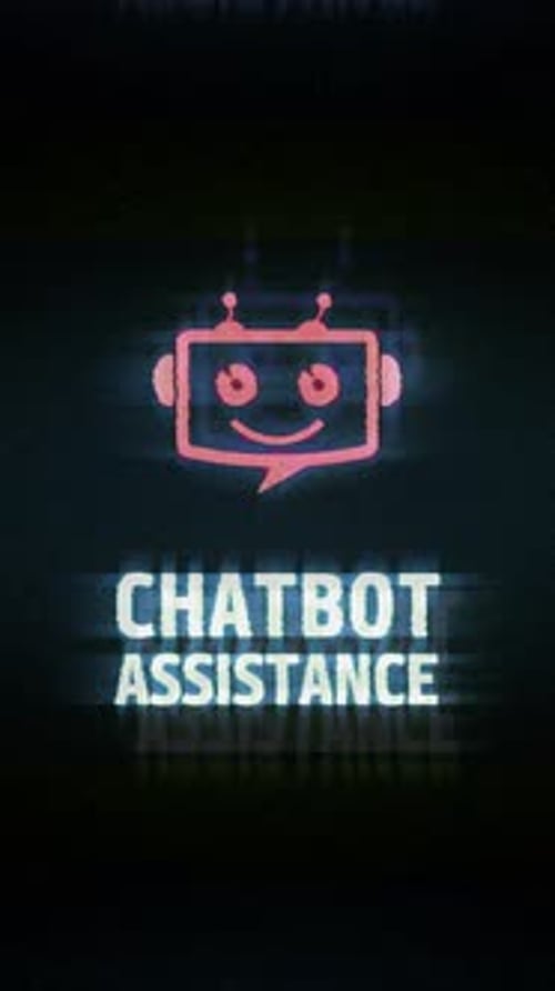 Chatbot assistance symbol on analog screen modern glitch vertical