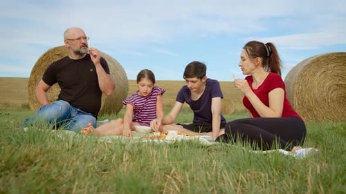 Family Enjoys Picnic in a Rural Grassy Field