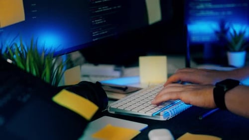 Developer Desk Sticky Notes Code Typing Programming Workflow