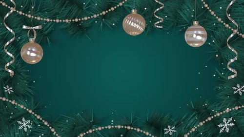 Christmas Holiday Frame with Golden Ornaments and Falling Snow