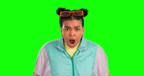 Face, green screen and woman shocked, wow and announcement against a studio background