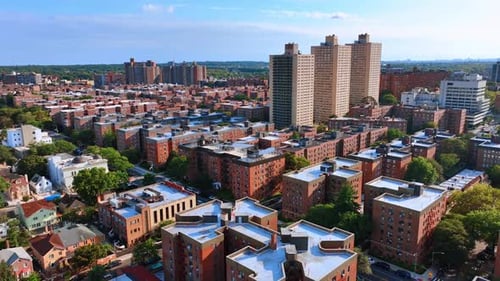 Similar red-brick blocks of flats in the neighborhood of New York, USA.