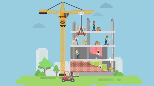 Animated Construction Site with Workers and Crane in Flat Design