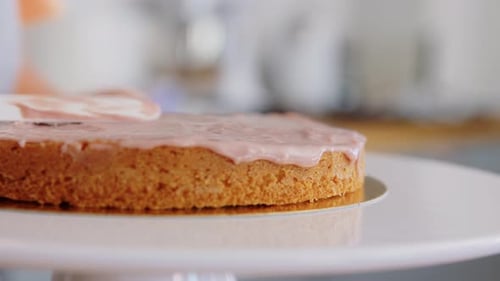 Culinary, Baking And Cooking Food Concept - Young Woman Making Layer Cake And Spreading Creamy Fi...