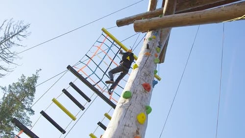 Person traverses a rope bridge on a course