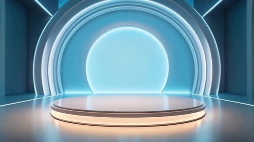 Abstract Blue Neon Stage with Glowing Ring Platform