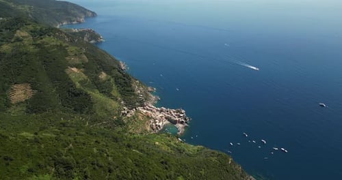 Cinque Terre Coastal Villages With Rugged Shores In Liguria Region, Italy. Aerial Drone Shot
