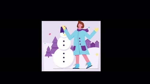 Scène d'hiver avec une femme et un bonhomme de neige