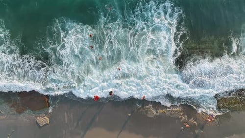 People Swim in the Stormy Sea Aerial View 4 K Turkey Alanya