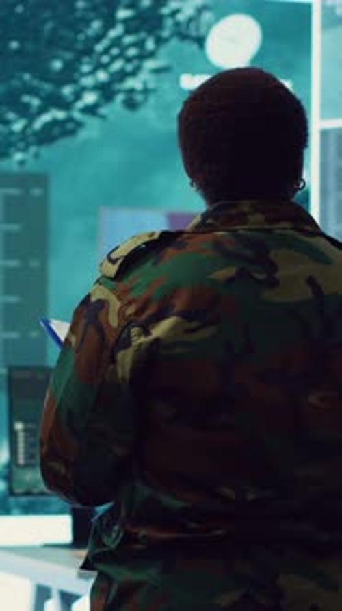 Camouflage Jacket in Futuristic Tech Workplace