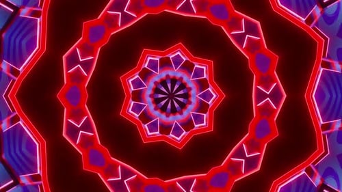 Circular red and purple object with black background. Kaleidoscope VJ loop