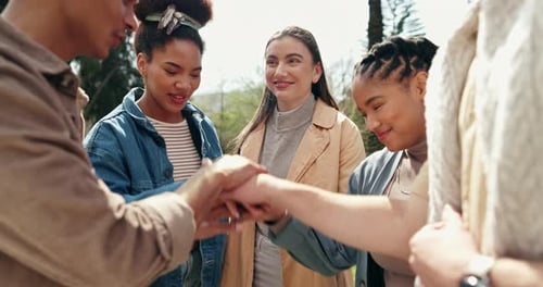 Support, hands together and teamwork in synergy or huddle for university education or study