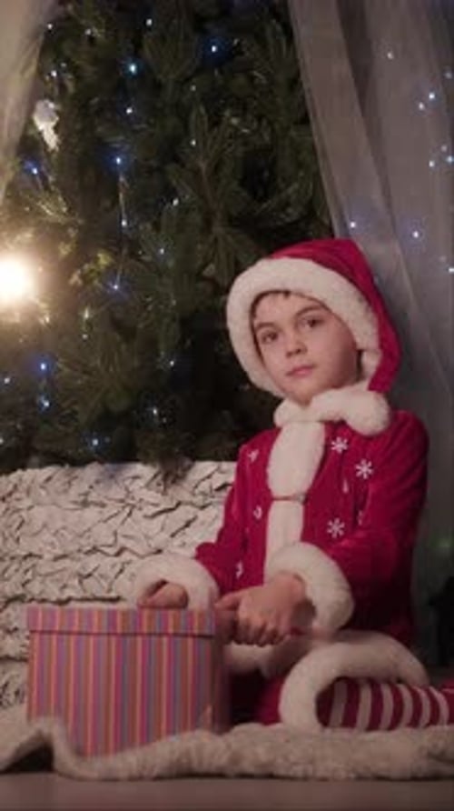 Excited Girl Opens Christmas Gift by Tree