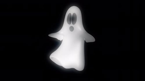 Animated white ghost character dancing on black background with glowing ethereal Halloween effect.