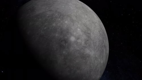 Animation of Mercury planet seen from galaxy in space, the globe spinning on satellite view on. 1998