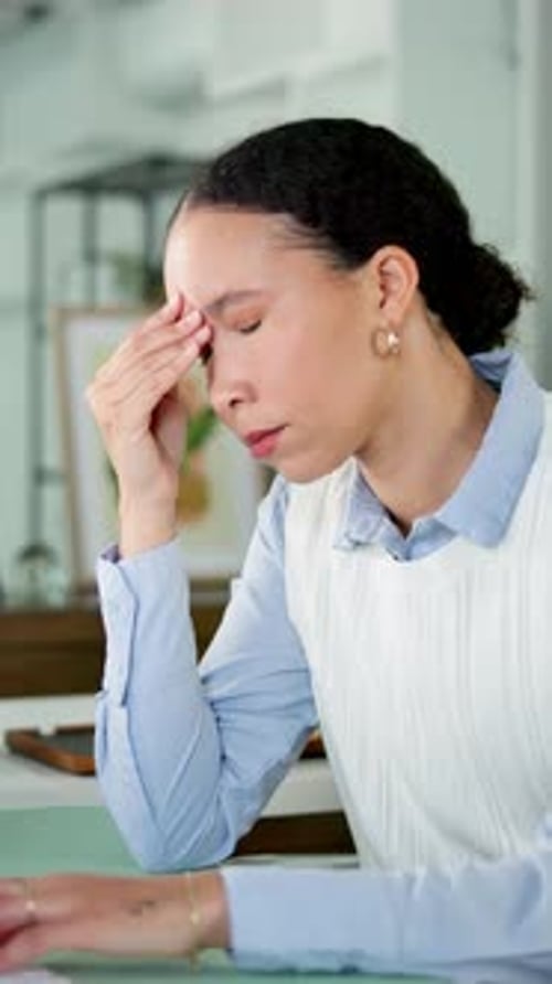 Burnout, think or businesswoman with stress in office, tired or overwhelmed from workplace pressure
