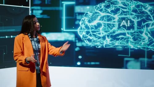 Speaker Talking on Stage in Event Bringing Together Leading AI Experts