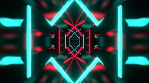 Türkisfarbenes und rosafarbenes geometrisches blinkendes Neon in einem unendlichen Tunnelhintergrund VJ Loop in 4K