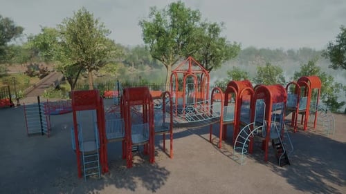 Playground Structure Surrounded By Trees Near a Serene Lake in Broad Daylight